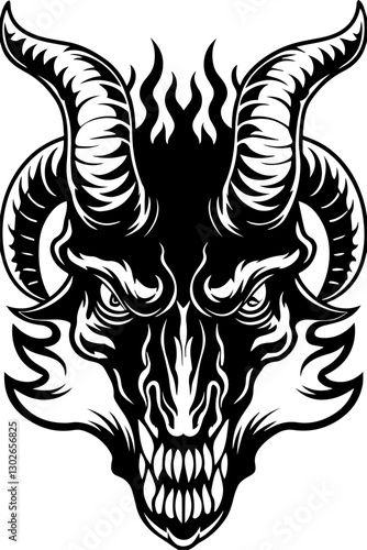 SVG vector features demonic dragons, hell creatures, and dark beasts.Fierce Black and White Illustration of a Demonic Goat Head