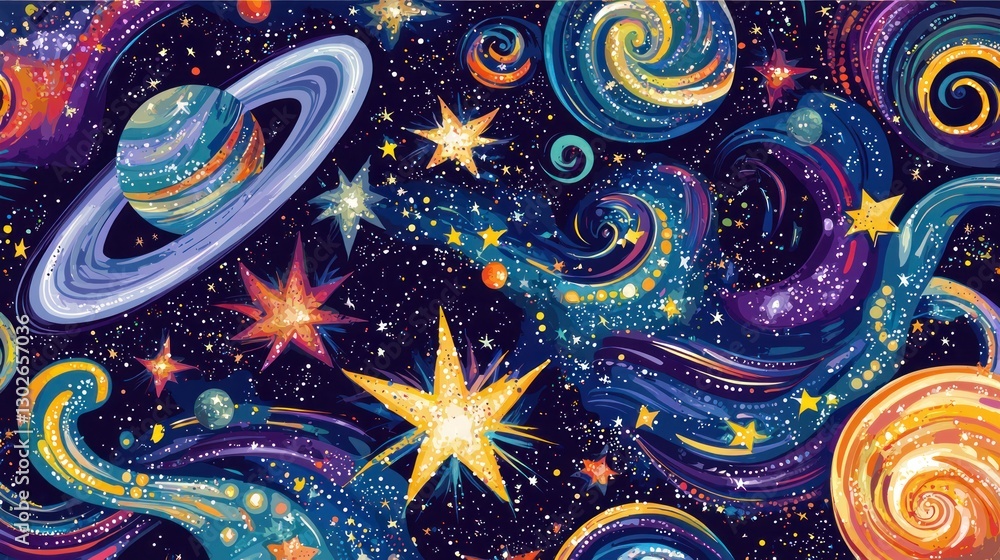 A seamless cosmic pattern featuring stars, planets, and swirling colors for a decorative design. A seamless cosmic pattern featuring stars, planets, and swirling colors for a decorative design.