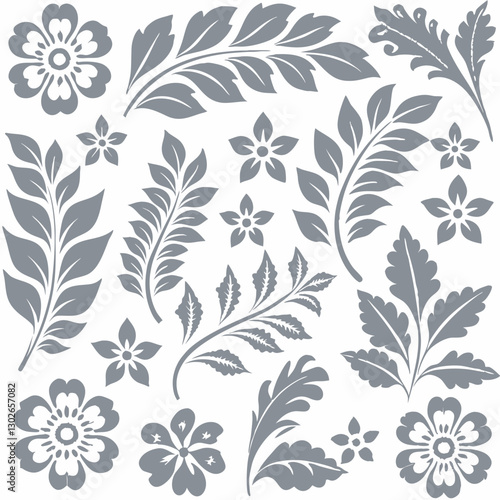 Different styles of leaves and flowers for botanical and nature-inspired designs