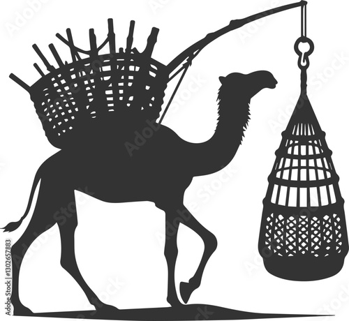 Camel carrying a woven fish trap, lowering its neck animal vector silhouette