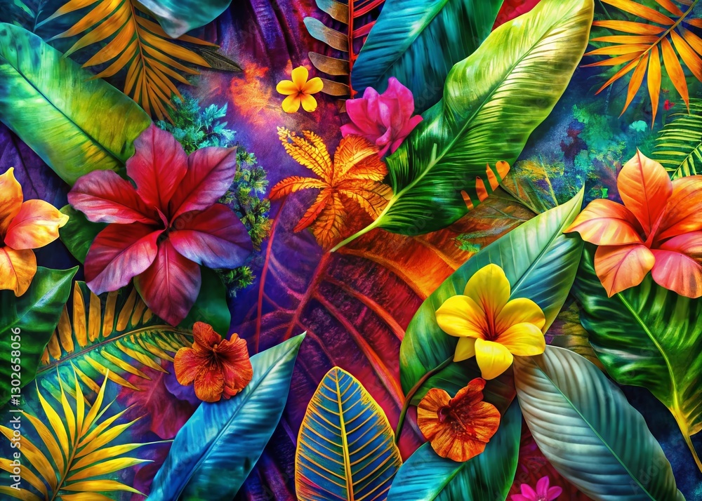 Naklejka premium Hawaiian Tribal Double Exposure Wallpaper: Tropical Leaves & Ancient Art