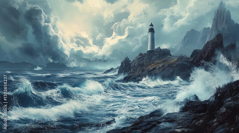 Fototapeta premium Majestic lighthouse on rocky coast, dramatic sky