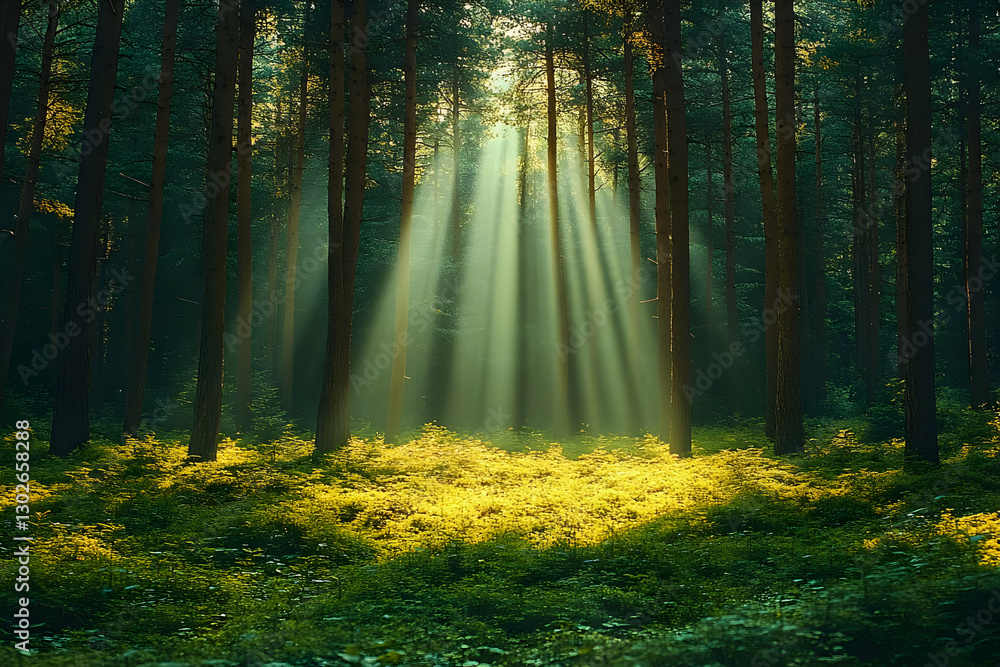 Fototapeta premium Golden Sunlight Through Forest Canopy