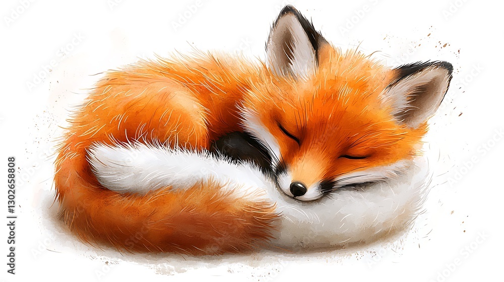 Obraz premium Enchanting Tiny Orange Fox Nestled in Cozy Ball by Calm Waters | Whimsical Wildlife Wonder