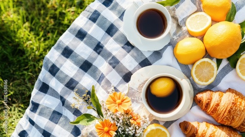 Refreshing picnic setup with tea, lemons, and croissants
