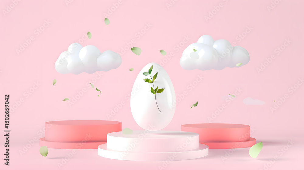 A white egg with leaves on it stands in the center of a minimalistic composition, creating a natural and elegant aesthetic. A white egg with leaves on it stands in the center of a minimalistic composition, creating a natural and elegant aesthetic.