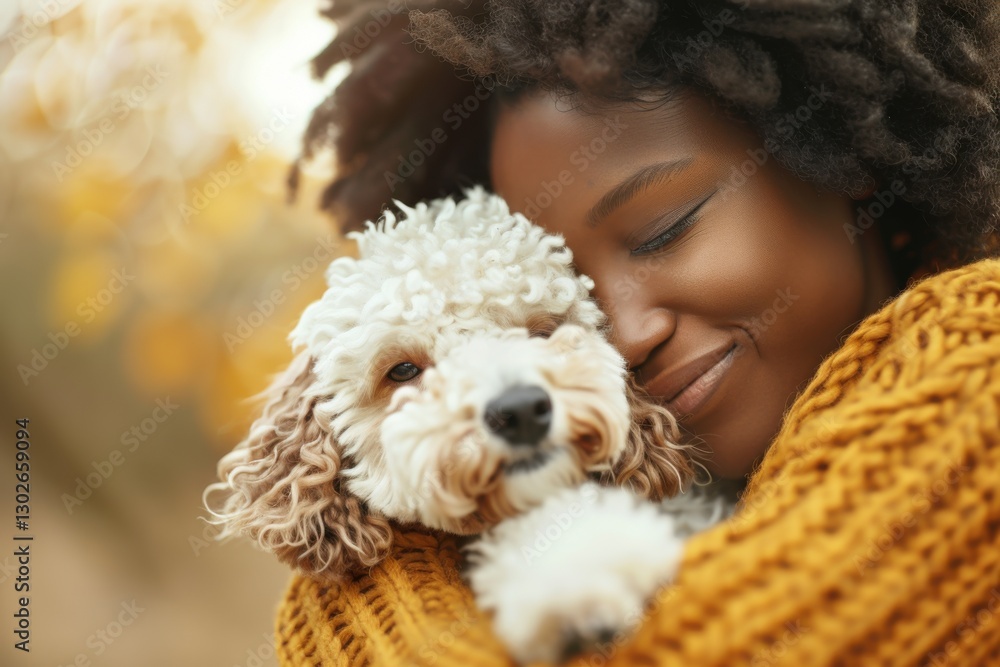 Warm embrace between a woman and her dog in a park during autumn, showcasing love and companionship in a beautiful natural setting Warm embrace between a woman and her dog in a park during autumn, showcasing love and companionship in a beautiful natural setting