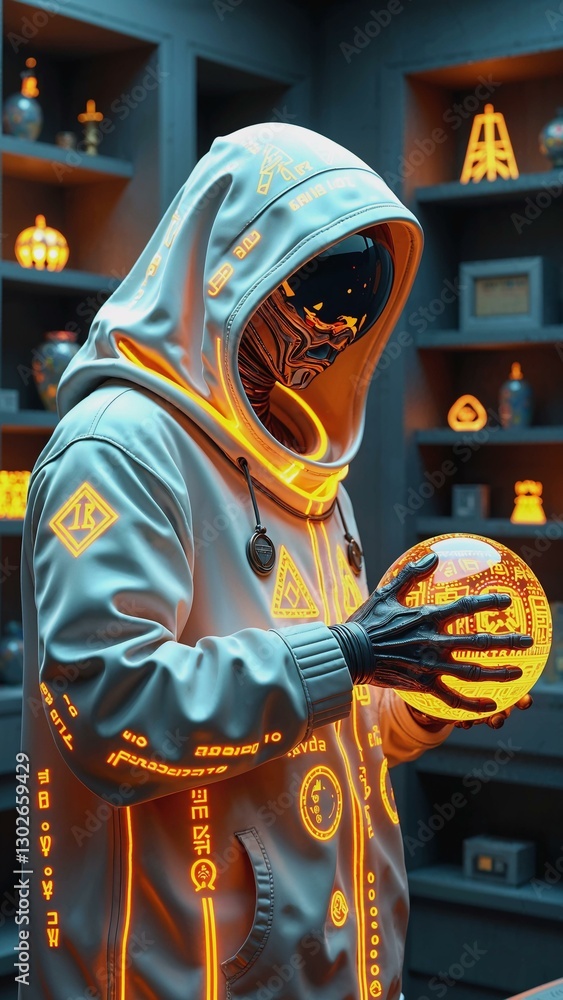 Obraz premium Classic Roswell-type alien preparing for spaceship launch with glowing runic orb