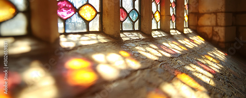 Radiant stainedglass window light casts vibrant, colorful patterns on a textured stone surface.  A captivating image representing spirituality, serenity, and the beauty of light. photo