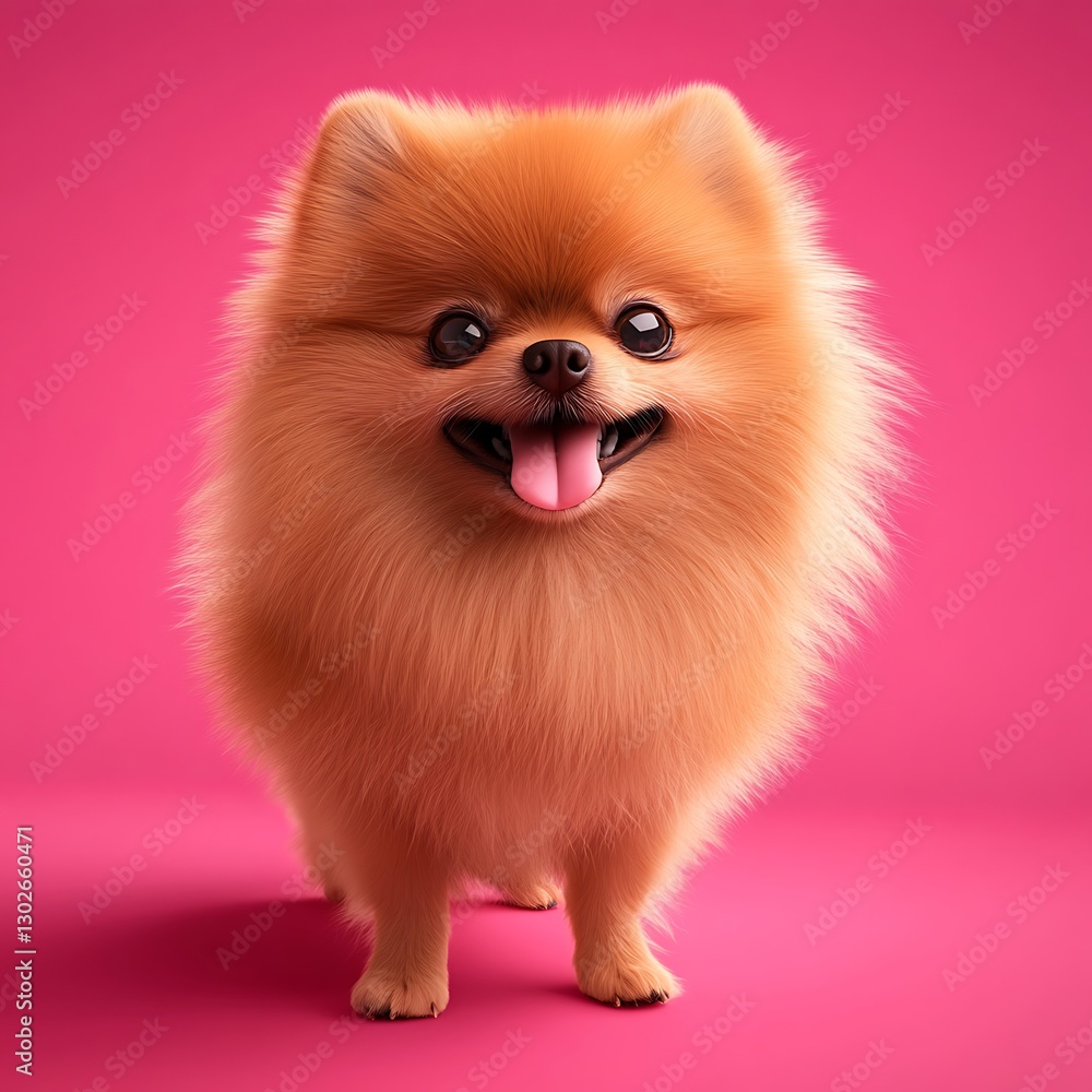 Obraz premium A Pomeranian with a fluffy coat on a solid pink gradient background,