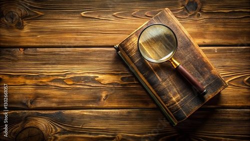 Holy Bible, Magnifying Glass, Wooden Background: Christian Scripture Study Stock Photo