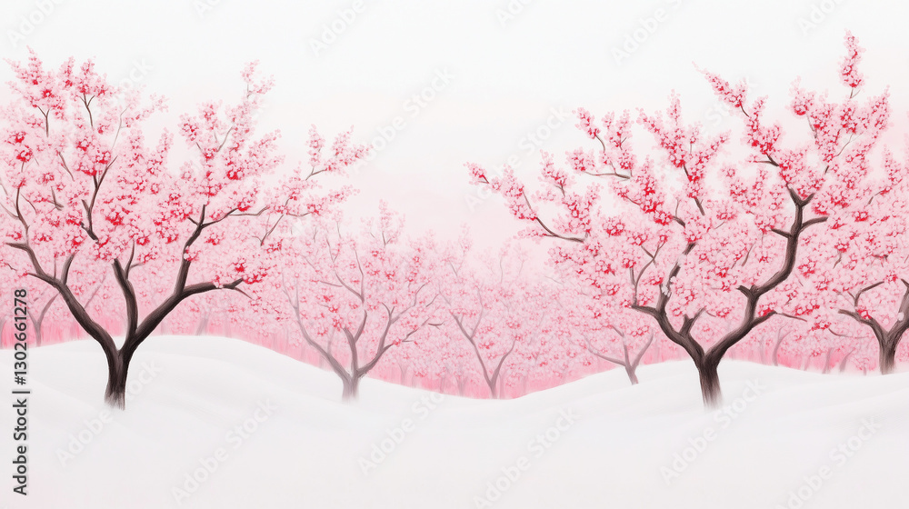 Fototapeta premium Spring Field with Blooming Cherry Blossoms