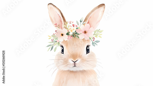 cute bunny rabbit festive watercolor painted with wreath of flowers for easter on white background