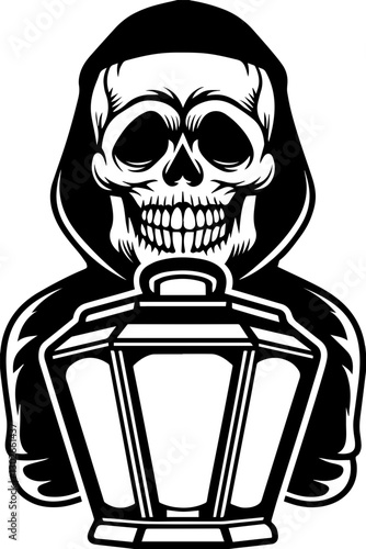 SVG vector features skeletal demons and monsters. Grim Reaper with Lantern in a Dark and Mysterious Design