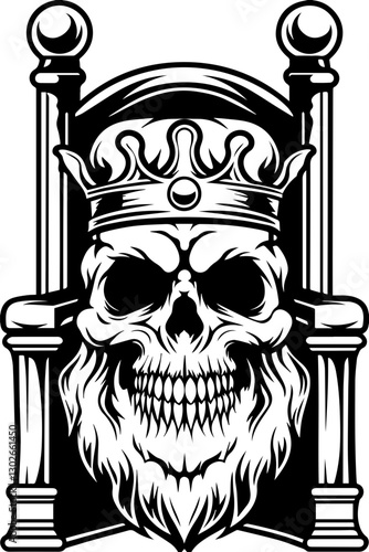 SVG vector features skeletal demons and monsters. Skull with Crown and Throne Design for Dark Fantasy Themes
