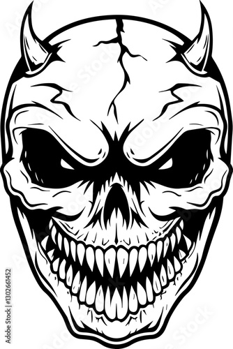 SVG vector features skeletal demons and monsters. Intricate Black and White Skull Illustration with Horns and Menacing Smile