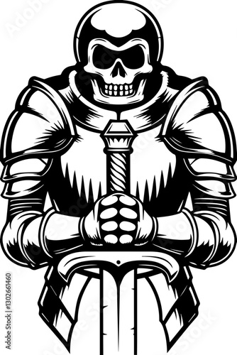 SVG vector features skeletal demons and monsters. Skeleton Warrior in Armor Holding a Sword Against a White Background