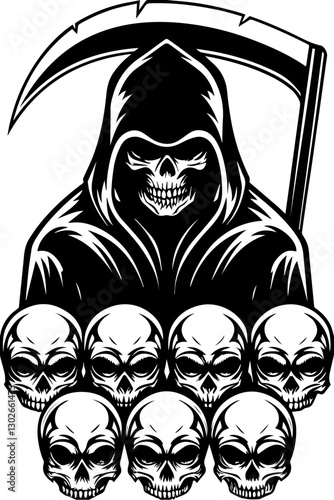 SVG vector features skeletal demons and monsters. Grim Reaper with Skulls in Dark Art Style for Halloween Theme