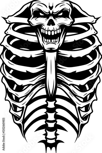 SVG vector features skeletal demons and monsters. Grim Skull Design with Intricate Skeleton Outline in Monochrome Style