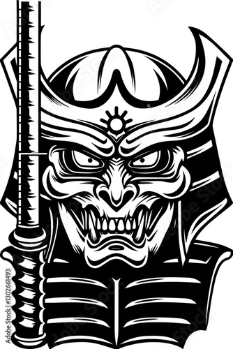 SVG vector features skeletal demons and monsters. Fierce Samurai Warrior Head with Sword and Intimidating Expression