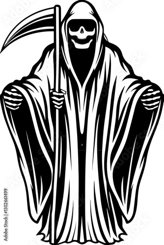 SVG vector features skeletal demons and monsters. Grim Reaper Holding Scythe in Dark Cloak with Skull Face Illustration