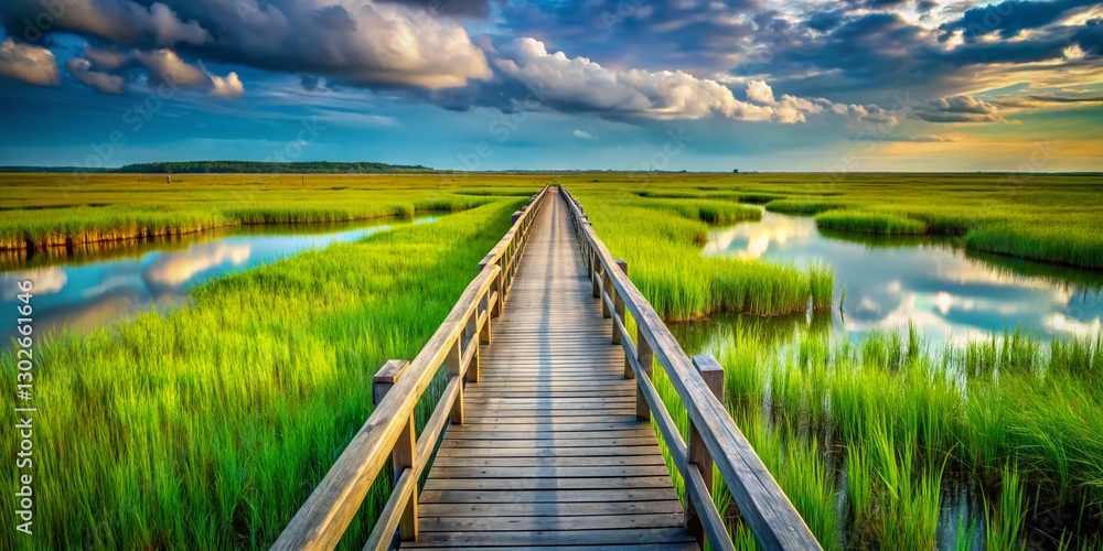 Fototapeta premium Louisiana Marsh Walkway: Stunning Depth of Field, Scenic Coastal Path