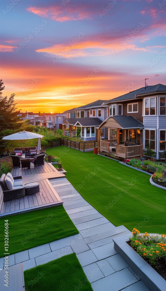 Obraz premium Urban neighbourhood at sunset, urban house, wide shots of home gardens, lawns, yards, decks and spaces for outdoor entertaining