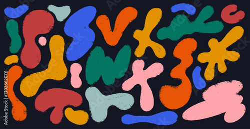 Colored Wavy Liquid Irregular Blob Shapes. Kid Dry Brush Stroke Isolated Shapes. Abstract Freeforms, Asymmetric Blobs, Bubbles And Drops In Trendy Y2k Style. Vector Flat Design Elements.