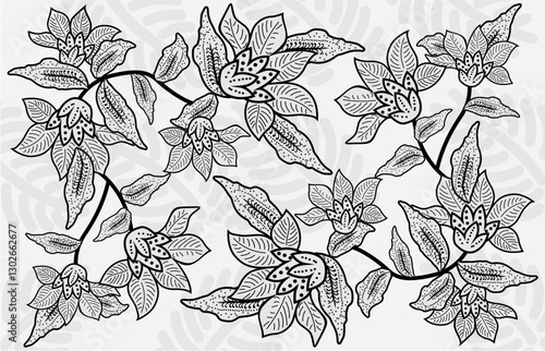 Indonesian Batik: a wax-resist dyeing technique applied to the entire fabric, or a fabric made using this technique, originating from Indonesia. Love the Monochrome version.
