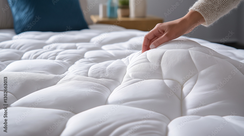 Obraz premium Ergonomic Mattress Topper, Quilted Memory Foam, White Bedding, Hand Lifting Corner, Blue Accent Pillow, Cozy Bedroom, Soft Texture, High-Quality Fabric, Sleep Comfort, Close-Up Shot, Home Decor