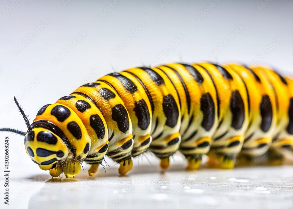 Fototapeta premium Low Light Photo: Yellow and Black Striped Caterpillar Crawling on White