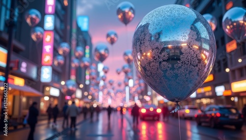 Wallpaper Mural Festive Atmosphere Cityscape with Elegant Balloons and Lively Pedestrian Activity Showcasing Celebration and Urban Life at Dusk, Creating Dynamic Street Photography Torontodigital.ca