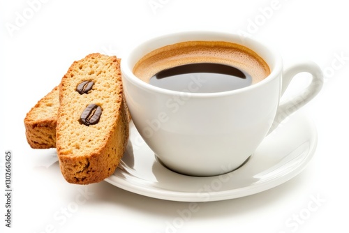 Freshly Brewed Coffee in White Cup Accompanied by Biscotti on Plate
