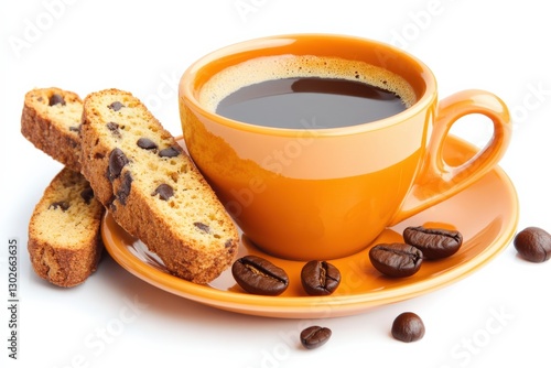 Freshly Brewed Coffee in Orange Cup with Biscotti and Coffee Beans on White Background