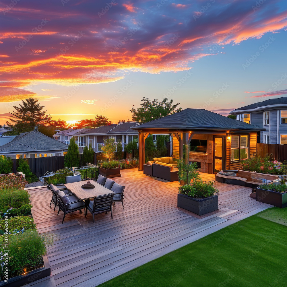 Fototapeta premium Urban neighbourhood at sunset, urban house, wide shots of home gardens, lawns, yards, decks and spaces for outdoor entertaining
