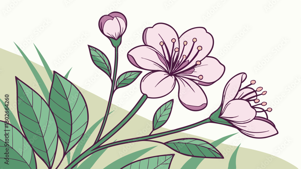 custom made wallpaper toronto digitalCherry Blossom Illustration: Pink Flowers, Buds, and Green Leaves in a Delicate Floral Design for Spring Wall Art and Nature Prints