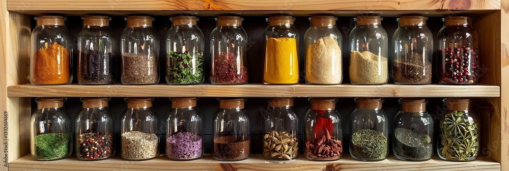 Shelves filled with jars of spices, herbs, and grains. Organized kitchen pantry with diverse food ingredients and natural wood shelves.
Shelves filled with jars of spices, herbs, and grains. Organized kitchen pantry with diverse food ingredients and natural wood shelves.