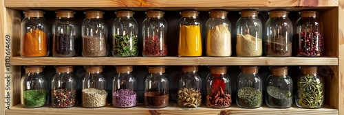 Wallpaper Mural Shelves filled with jars of spices, herbs, and grains. Organized kitchen pantry with diverse food ingredients and natural wood shelves.

 Torontodigital.ca