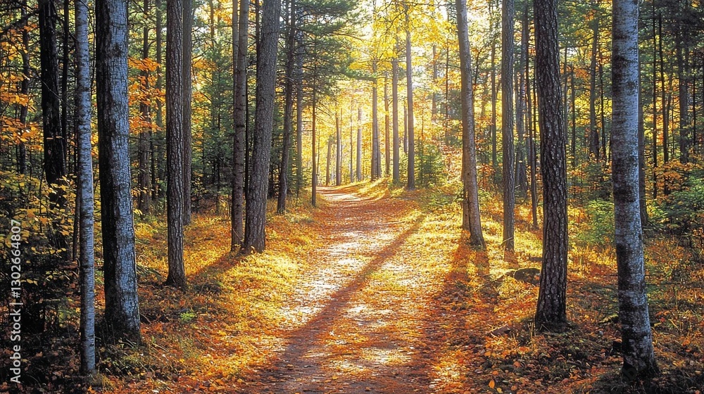 Fototapeta premium Sunlit forest path with autumn foliage