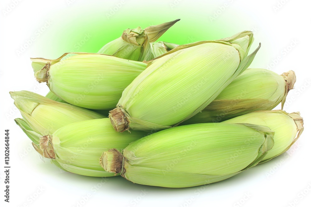 Freshly Harvested Green Corn Cobs with Natural Shiny Coating on White Background Freshly Harvested Green Corn Cobs with Natural Shiny Coating on White Background