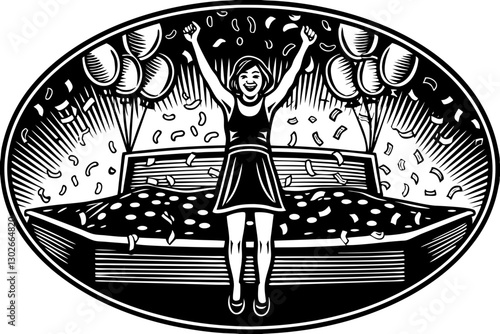 Wallpaper Mural Girl Jumping on Bed with Balloons & Confetti, Woodcut Style Illustration, Celebration, Joyful, Black and White Graphic Art Torontodigital.ca