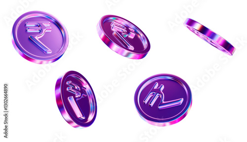 3d set of neon or holographic coins of Indian rupees with different angles. Stock vector illustration on isolated background.	
