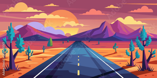Wallpaper Mural Desert Road Trip: Sunset Landscape Vector Illustration of Highway Through Mountains, Cacti, and Warm Sky for Travel and Adventure Themes Torontodigital.ca