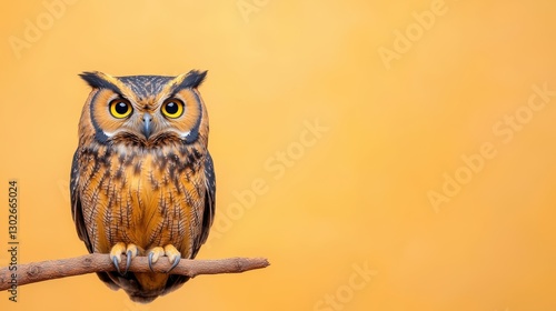 Wallpaper Mural A majestic owl perched on a branch, displaying striking orange and brown feathers against a warm yellow background. Torontodigital.ca