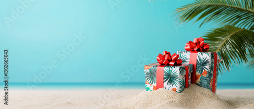 Christmas in July, Santa on the beach. Presents on sandy beach with tropical background.