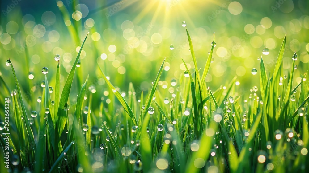 Fototapeta premium Lush Green Grass Morning Dew Blank Space Text Overlay Stock Photo