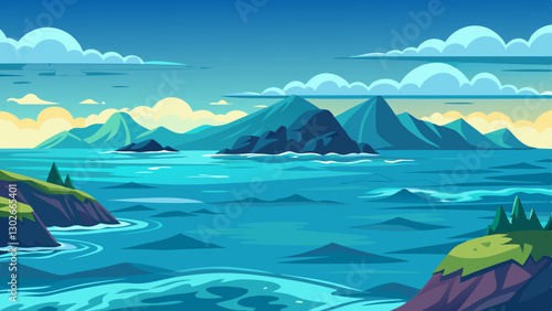 Wallpaper Mural Cartoon Seascape Illustration: Blue Ocean, Mountains, and Cloudy Sky - Vector Landscape Art for Backgrounds and Digital Design Torontodigital.ca