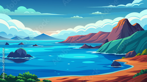 Wallpaper Mural Cartoon Coastal Landscape: Vibrant Ocean View with Mountains, Beach, and Cloudy Sky - Vector Illustration Art Torontodigital.ca