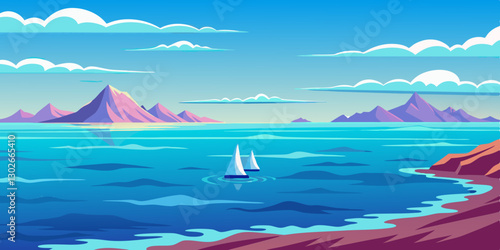 Cartoon Seascape: Azure Ocean, Sailboats, Pink Mountains, Blue Sky, Clouds, Coastal Landscape, Vector Illustration