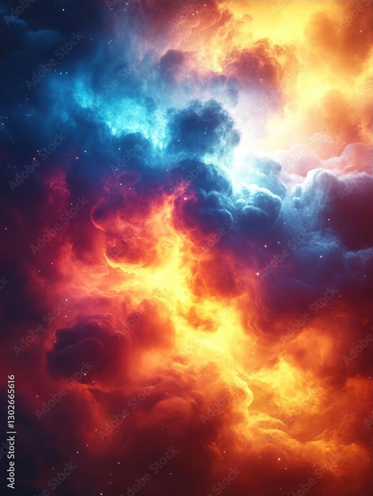 Vibrant cosmic cloudscape with swirling colors of blue, orange, and yellow in a starry backdrop Vibrant cosmic cloudscape with swirling colors of blue, orange, and yellow in a starry backdrop